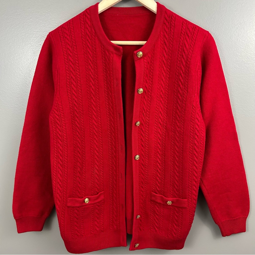 Talbots Red Button-Front Cable Cardigan - Picture 2 of 13
